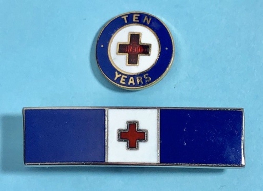 2 Blue ARC Pins -American Red Cross Long Bar Type Pin & Ten Year Pin
